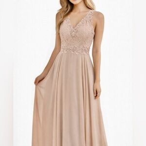 JUNO Lace & Chiffon Embellished Gown – Light Beige Brown Maxi Dress Weddings